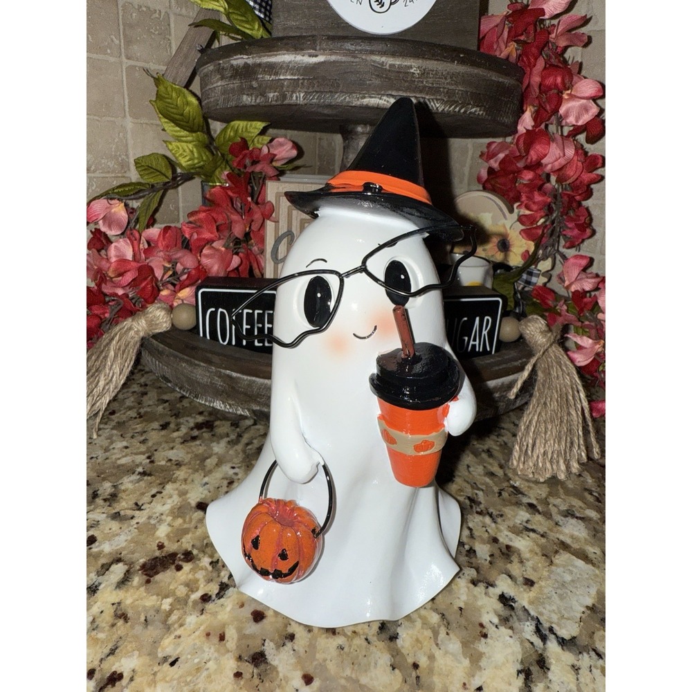 Halloween Ghost Figurine Home Decor White Witch Hat Pumpkin Coffee Glasses Nerd